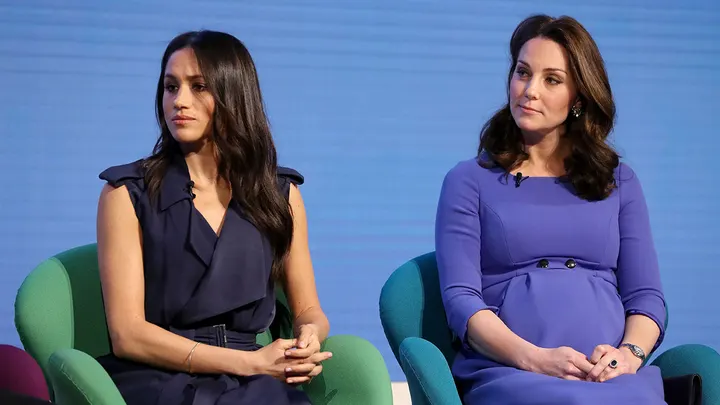 Kate Middleton is seen here with Meghan Markle in 2018 while pregnant with her third child, Prince Louis. (Chris Jackson/AFP via Getty Images)